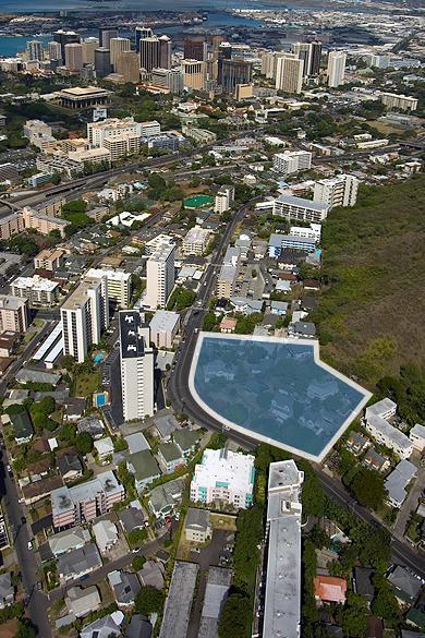 The area in blue shows the proposed location for Skyline Honolulu, on Prospect Street in Honolulu on the slopes of the Punchbowl crater.