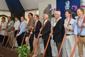 Project developers, architects, designers project managers and contractors of the Ritz-Carton Residences participate in a groundbreaking ceremony for the second tower. From left, Gregg Kodama, Russell Young, Brendan Guerin, Brett Hill, Lance Wilhelm, Jason Grosfeld, Mayor Kirk Caldwell, Mike Pepper, Scott Glass and Casey Federman.